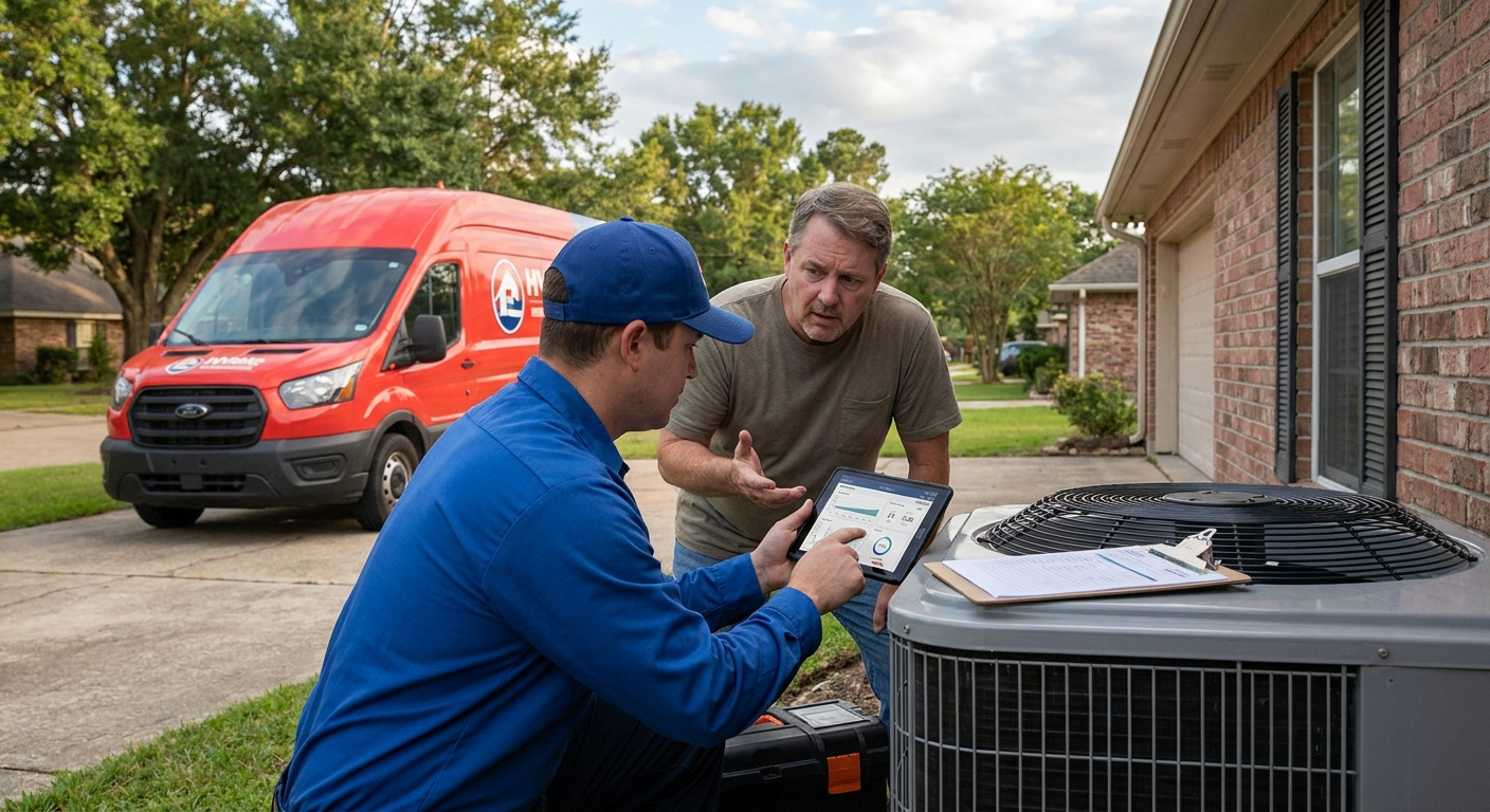 HVAC technician discussing average service call pricing with a homeowner